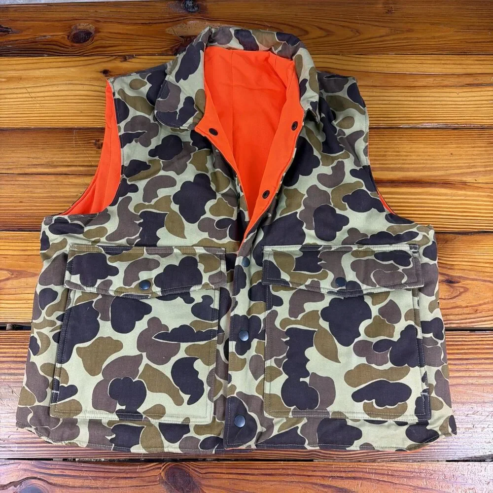 Vtg Duck Camo 80s/90's Puffer Vest Reversible Orange Insulated Sz M Thick/Heavy